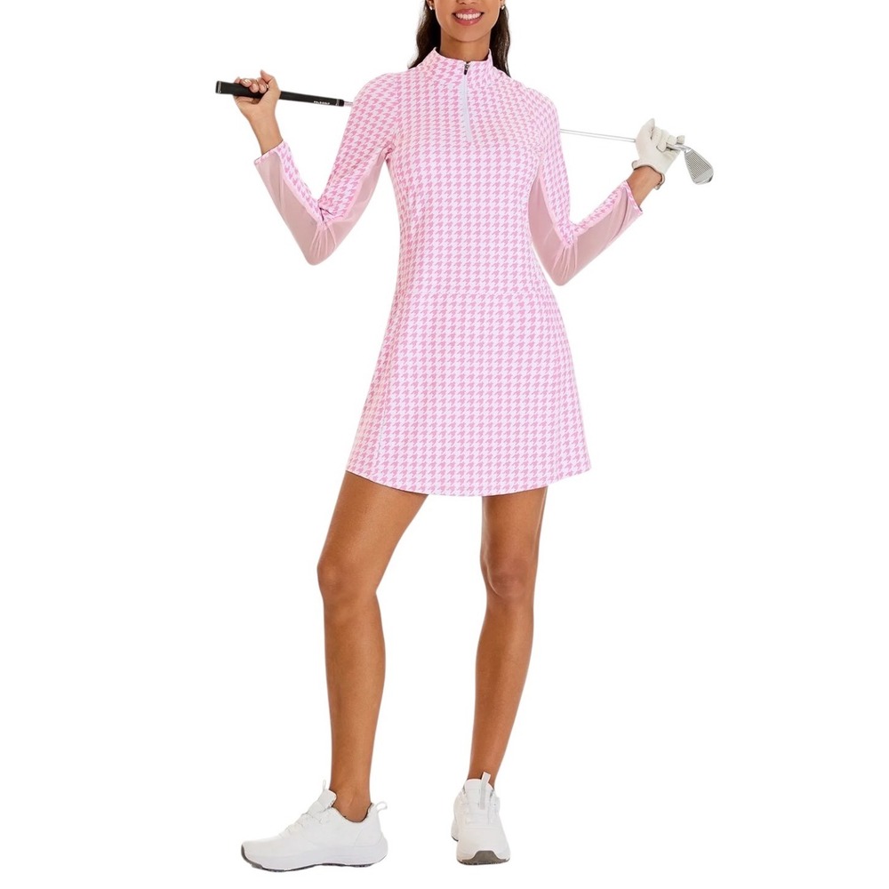 Soneven UPF 50+ Pink Houndstooth Long Sleeve Golf Dress *Broken Zip* Large NWT